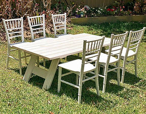 White Wooden Picnic Table with Kids Tiffany Chairs for Hire