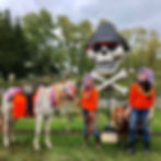 Girl wearing bunny ears standing next to white horse wearing bunny ears