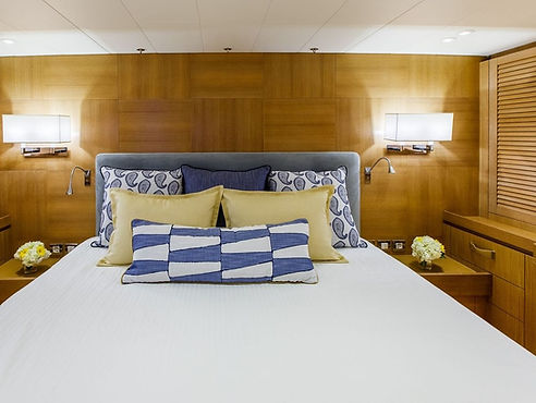 Master Stateroom with custom bedding #NewportYachtInteriors #customyachtbedding #perennialsfabrics