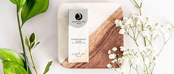 A Dermplane Pro blade cover resting on a wooden and marble board, accompanied by green leaves and small white flowers, presented in a clean, natural setting.