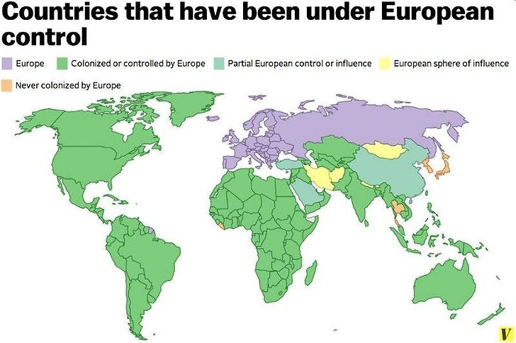 Carte de la domination mondiale du monde par les blancs. Les pays en orange sont ceux qui n'ont jamais été colonisés