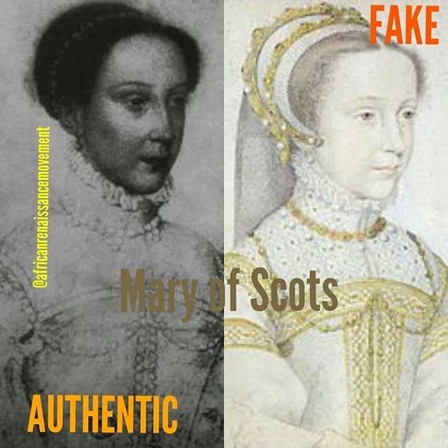 Vraie Mary Stuart Reine d'Ecosse Noire, à gauche. A droite :fake , blanchie
