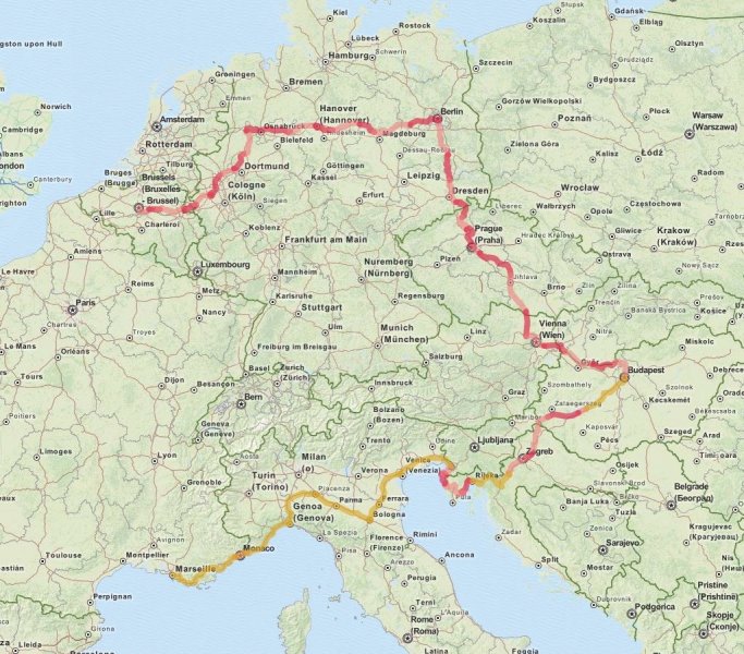 Voila le parcours réalisé, en rouge la partie vélo, 2700kms, et jaune la partie en train !