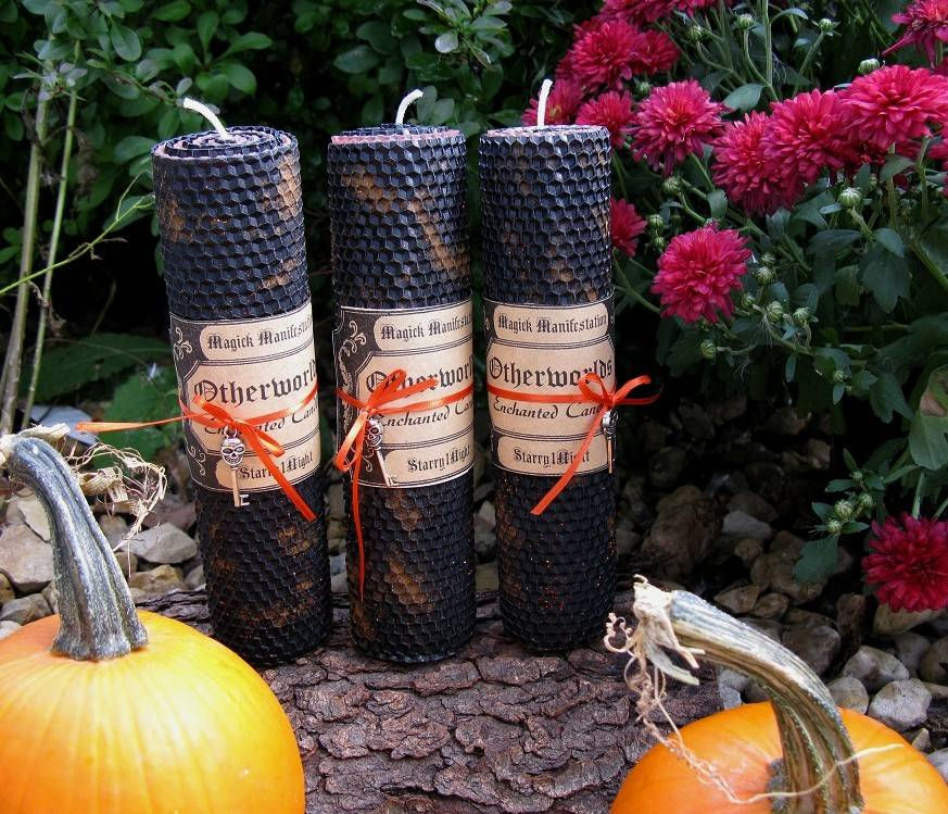 Thumbnail: Otherworlds Samhain Halloween Beeswax Taper Wishing Candle