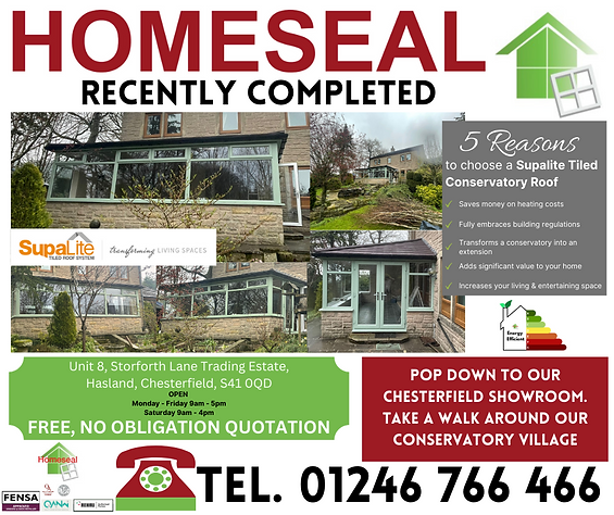 Homeseal conservatory with Supalite warm roof located in Chesterfield, Derbyshire.  Another recent project completed project.