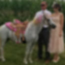 Man and woman dressed up standing next to a unicorn