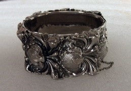 Thumbnail: Vintage Wide Bangle Silvertone Repousse Raised Flower Hinged Bracelet