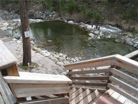 Stairway down to the creek cold plunge at Stewart Mineral Springs