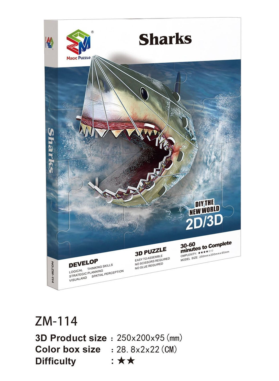 Miniatura: Rompecabezas mágico de tiburón blanco (2D/3D, 48 piezas, modelo ZM-114)