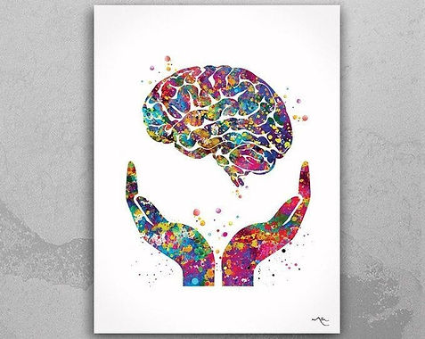 water color rainbow hands encompass a watercolor rainbow brain on a white framed picture ontop of a sandy beach with gentle waves cascading, all in grey, representing "grey matter" for the brain. The rainbow colors are to inspire hope, beauty, fun, inclusion. The water theme represents the equation of water in our bodies, brains, Earth. The hands represent caring.
