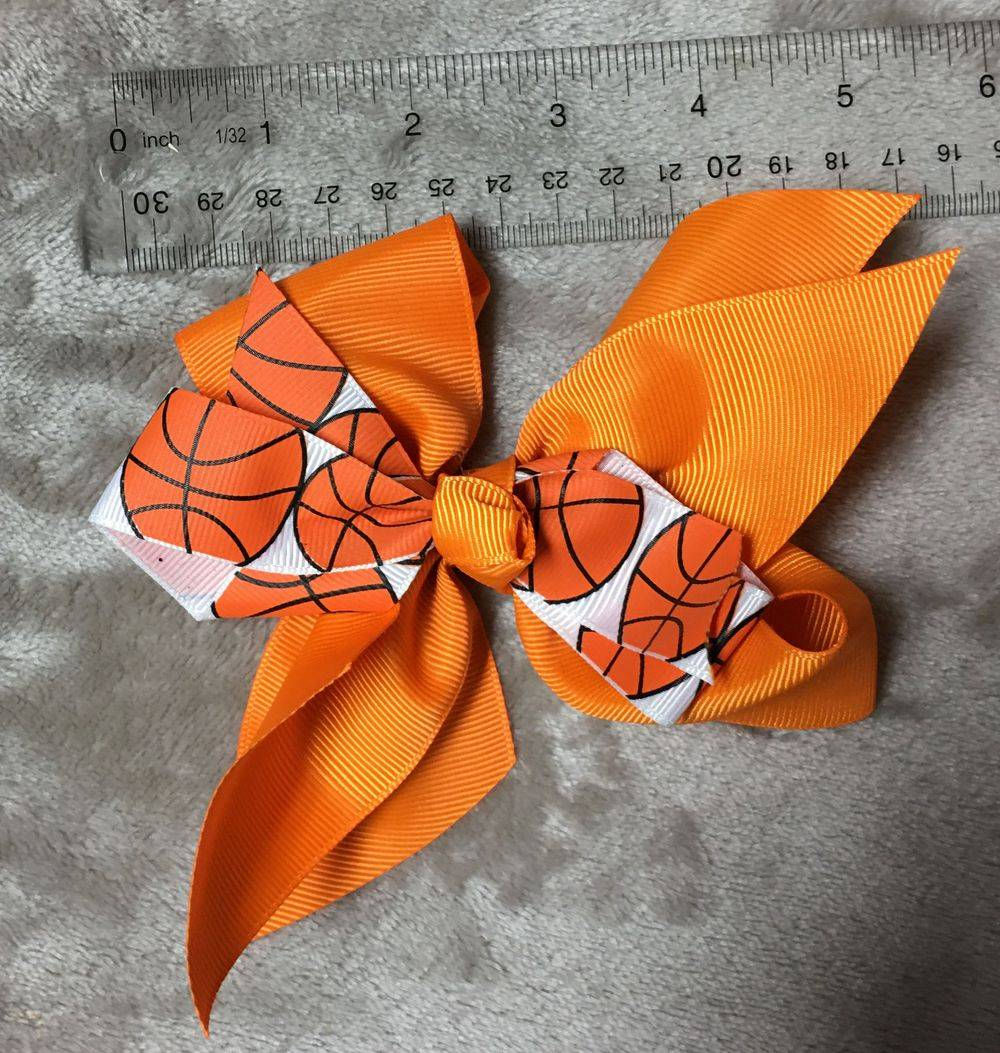 Girls Five Inch Orange Double Ribbon Basketball Hair Bow