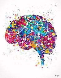 A brain with connected dots in a rainbow watercoloring. California BrainWaves, CABrainWaves.org
