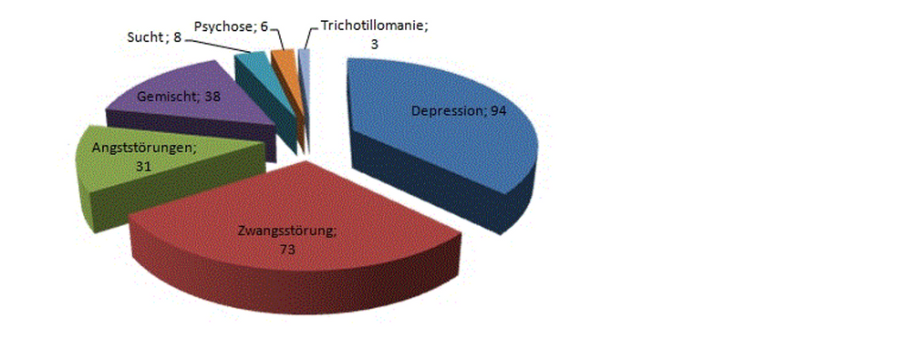 Dieses Bild zeigt ein Tortendiagramm darüber, mit welcher Häufigkeit Diagnosen in unserer Praxis vorkommen. Depressionen: 94, Zwangsstörungen 73, Anststörungen 31, Gemischt 38, Sucht 8, Psychose 6, Trichotillomanie 3