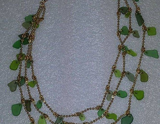 Kelly Green/Olive Glass - 16" 3-Strand Gold Tone Necklace