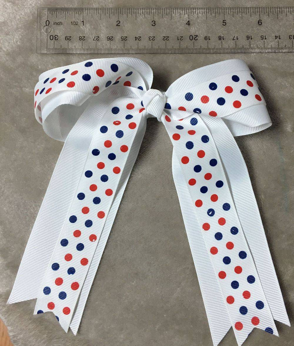 Girls Five Inch White Double Ribbon Patriotic Hair Bow Red Bllue