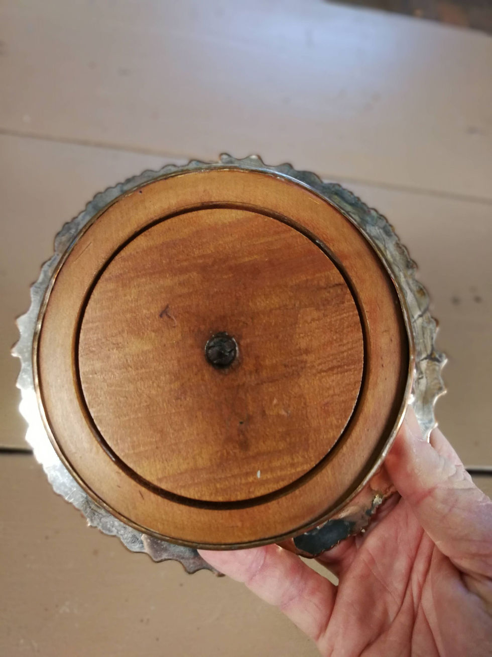 Thumbnail: Antique Silver Plate and Wood Wine Bottle Coaster c1890