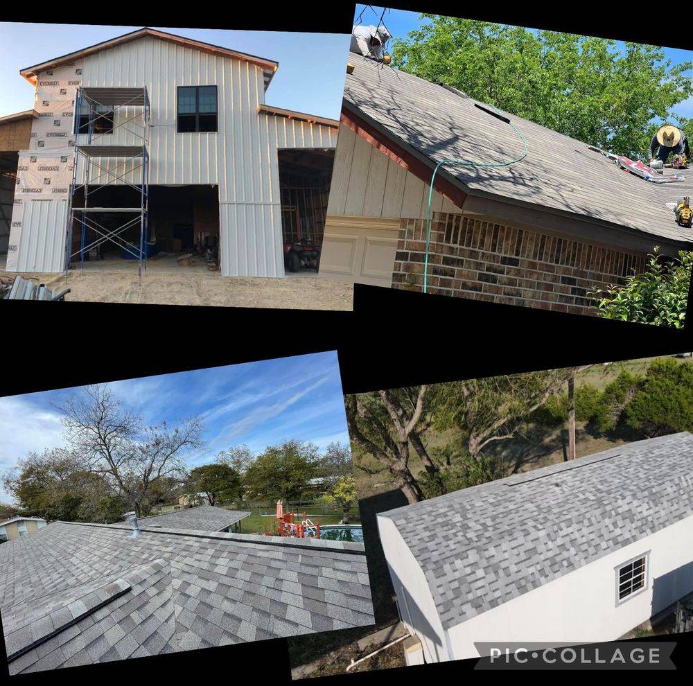 Roofing and siding photographs from the JM Roofing website showing work in progress and completed shingle roofs