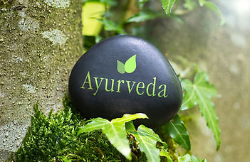 Sten i naturen med texten "Ayurveda"