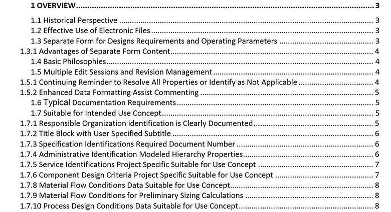View of Specification Forms Operating Parameters Tutorial Table of Contents