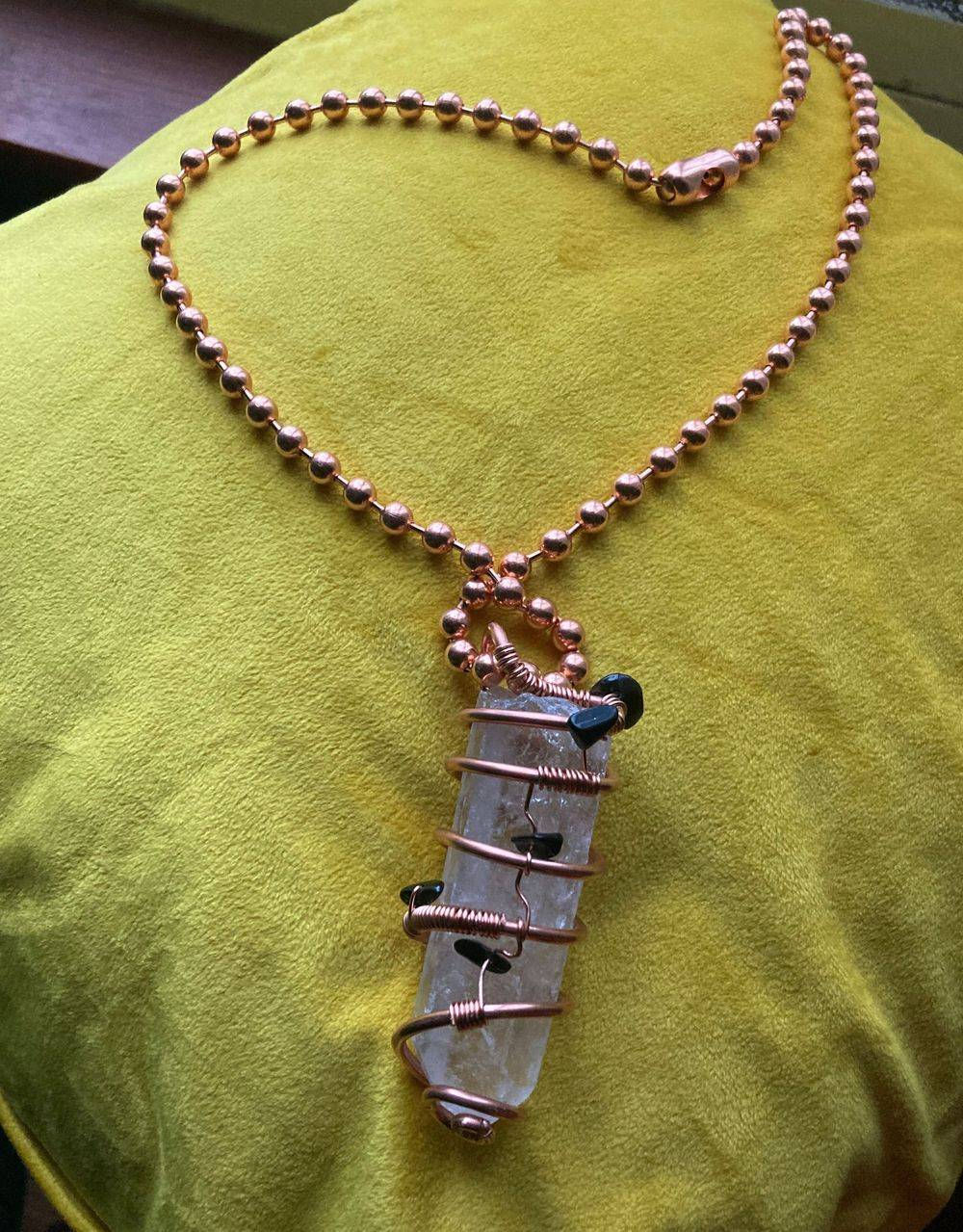 beautiful xl pointed quartz crystal wrapped in copper on 24' ball chain