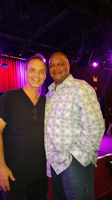 DRUMMER DAVE KARASONY OF THE RIPPINGTONS, AND CHARLES CAIN OF RIPPITOPEN.COM BEFORE THE SHOW AT THE BIRCHMERE 06/29/15.RIPPITOPEN.COM.