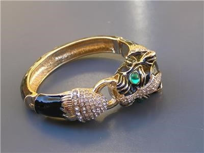 Thumbnail: Vintage High-End Goldtone Enamel Rhinestones Panther Bangle Bracelet