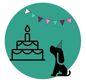 Illustration of a dog wearing a party hat looking up at huge birthday cake