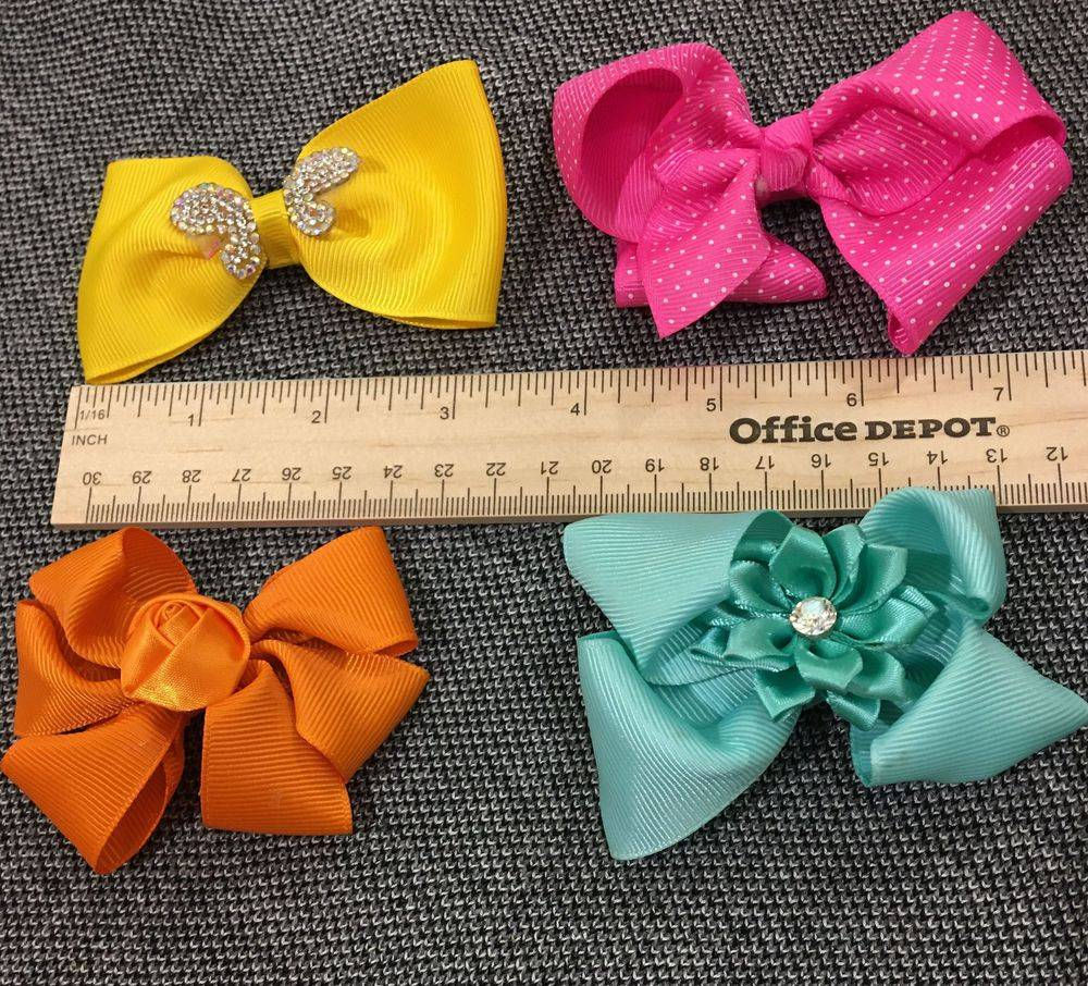 Girls Three Inch Hair Bow Set Yellow, Orange, Pink, Green