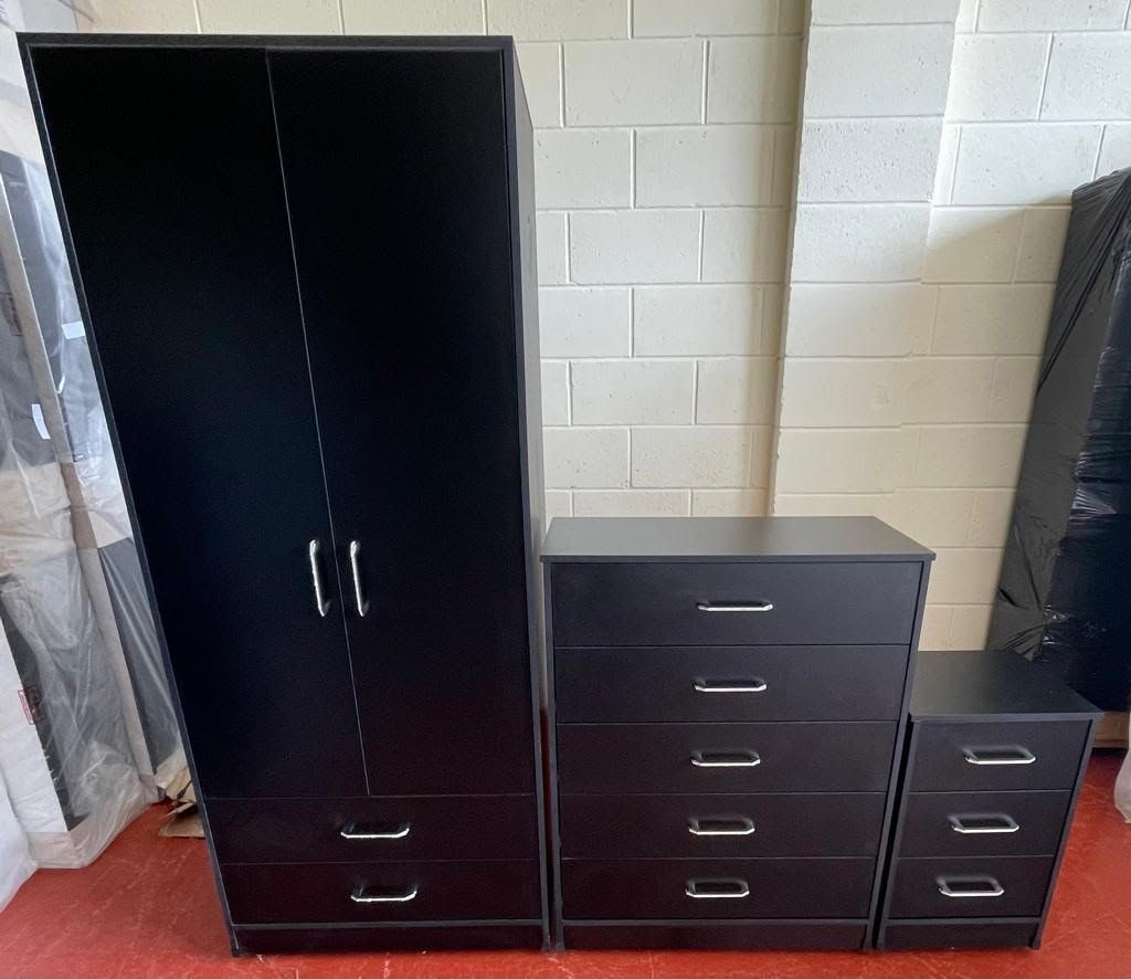 KENSINGTON BLACK WARDROBE WITH 2 DRAWERS, CHEST AND BEDSIDE