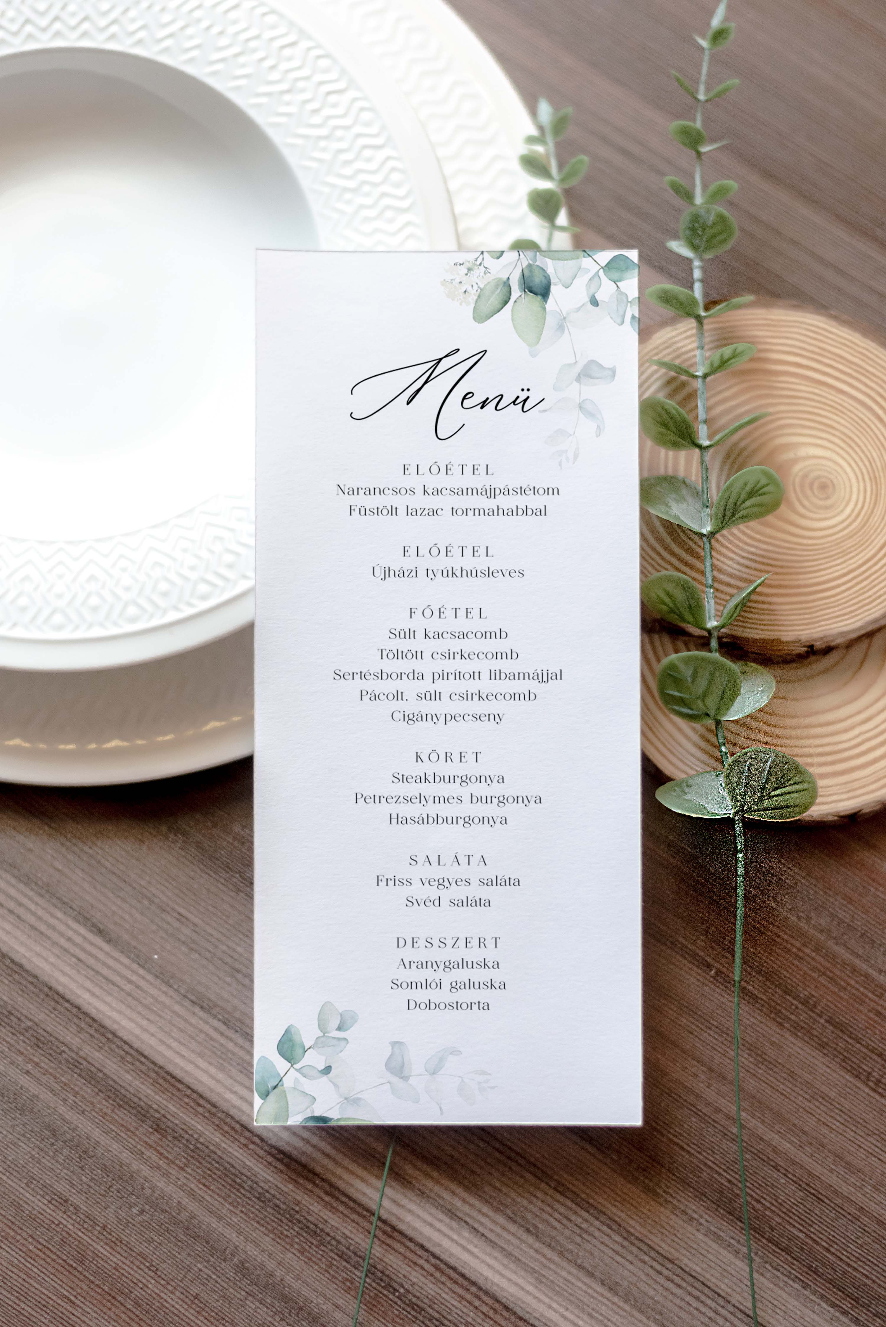 Eucalyptus esküvői menükártya