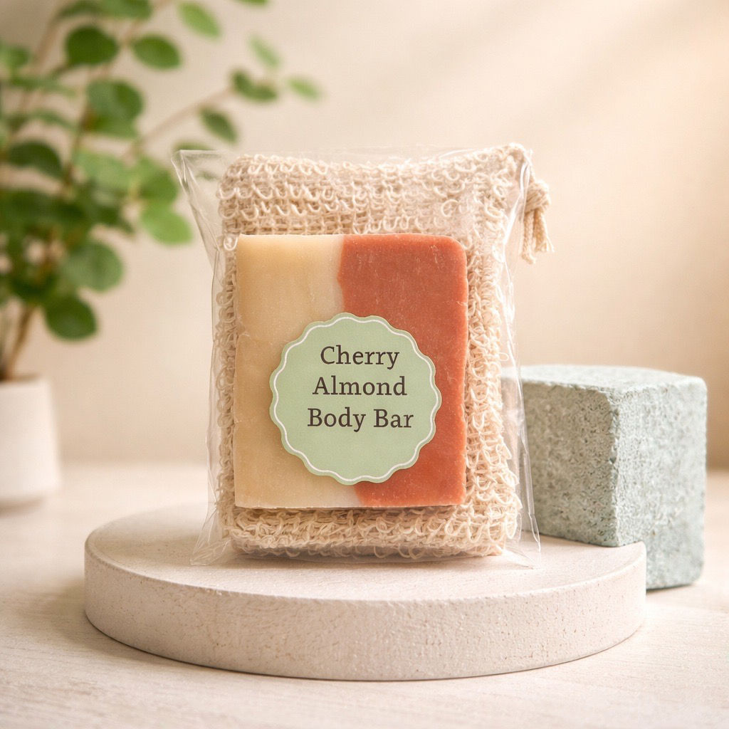 Cherry Almond Soap, Exfoliating Bag, and Bamboo Rest