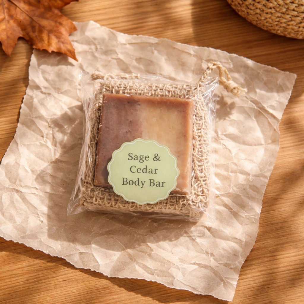 Sage & Cedar Soap, Exfoliating Pouch and Bamboo Rest