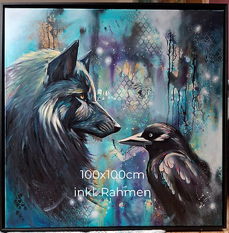 Wolf und Rabe, abstrakt, Realismus, blau, Magie, leuchtend, Ölgemälde