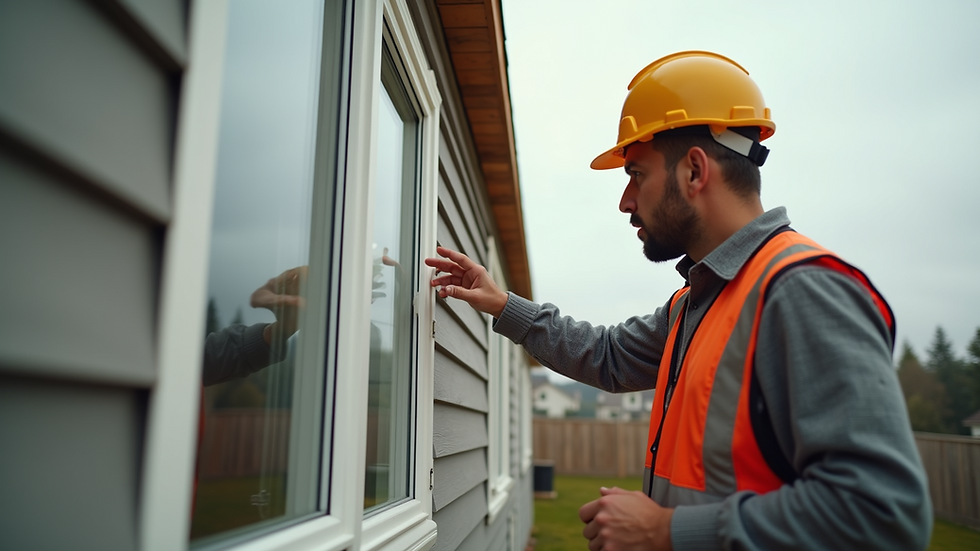 Eye-level view of a home inspector examining a new house exterior