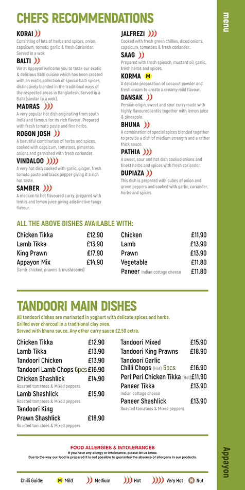 Restaurant Menu | Appayon Restaurant