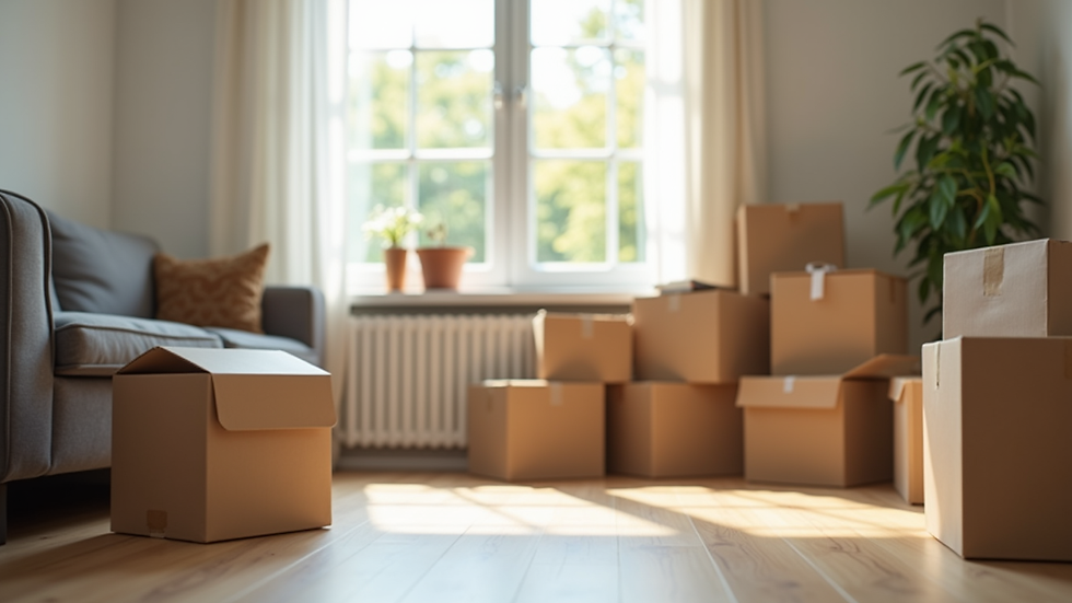 Eye-level view of a neatly organized living room with packed boxes ready for moving