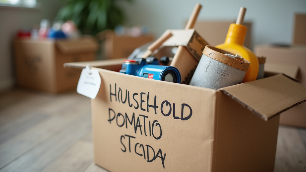 Close-up view of labeled boxes filled with household items ready for donation