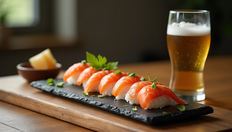 Primer plano de una bandeja de sushi delicadamente presentado con un vaso de sidra bretona.