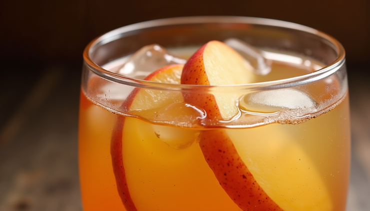Vista de cerca de un cóctel de sidra con rodajas de manzana y hielo