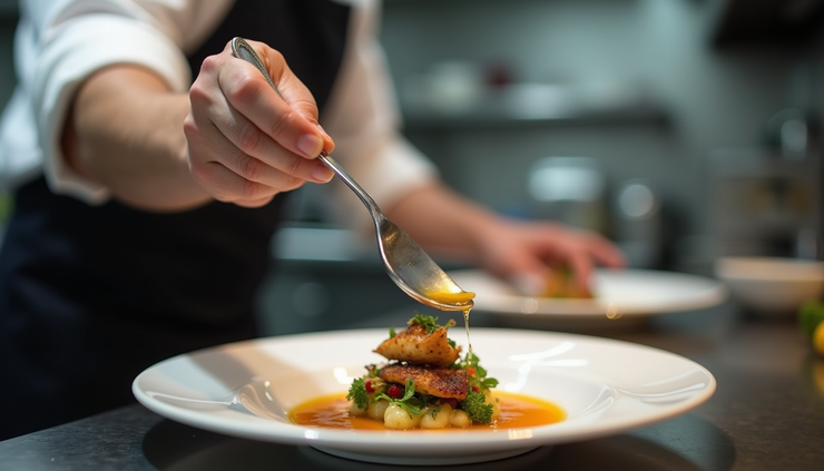 Plano detalle de chef preparando plato con reducción de sidra en cocina profesional