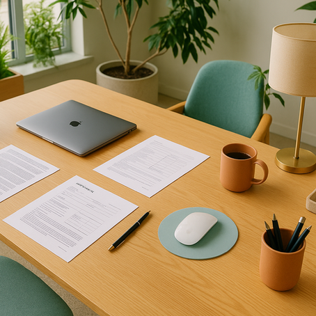 scrivania con pc e fogli