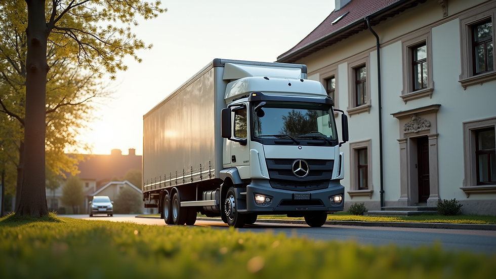 Eye-level view of a moving truck parked outside a European-style house