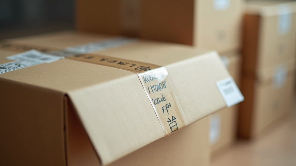 Close-up view of a packed moving box with fragile stickers