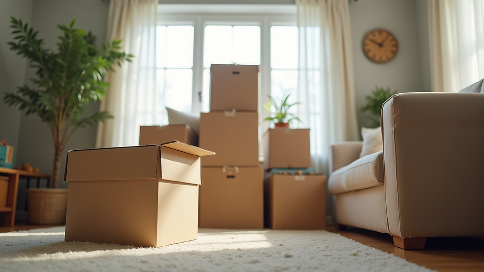 Eye-level view of packed moving boxes stacked in a living room