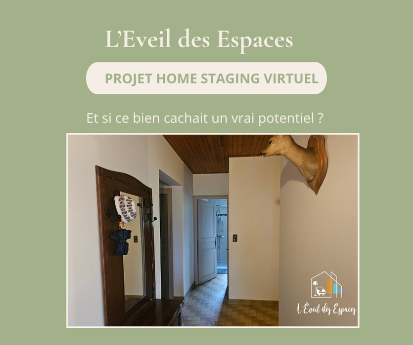 Entrée avant home staging virtuel avec espace ancien à réaménager, montrant le potentiel d’un projet de décoration intérieure