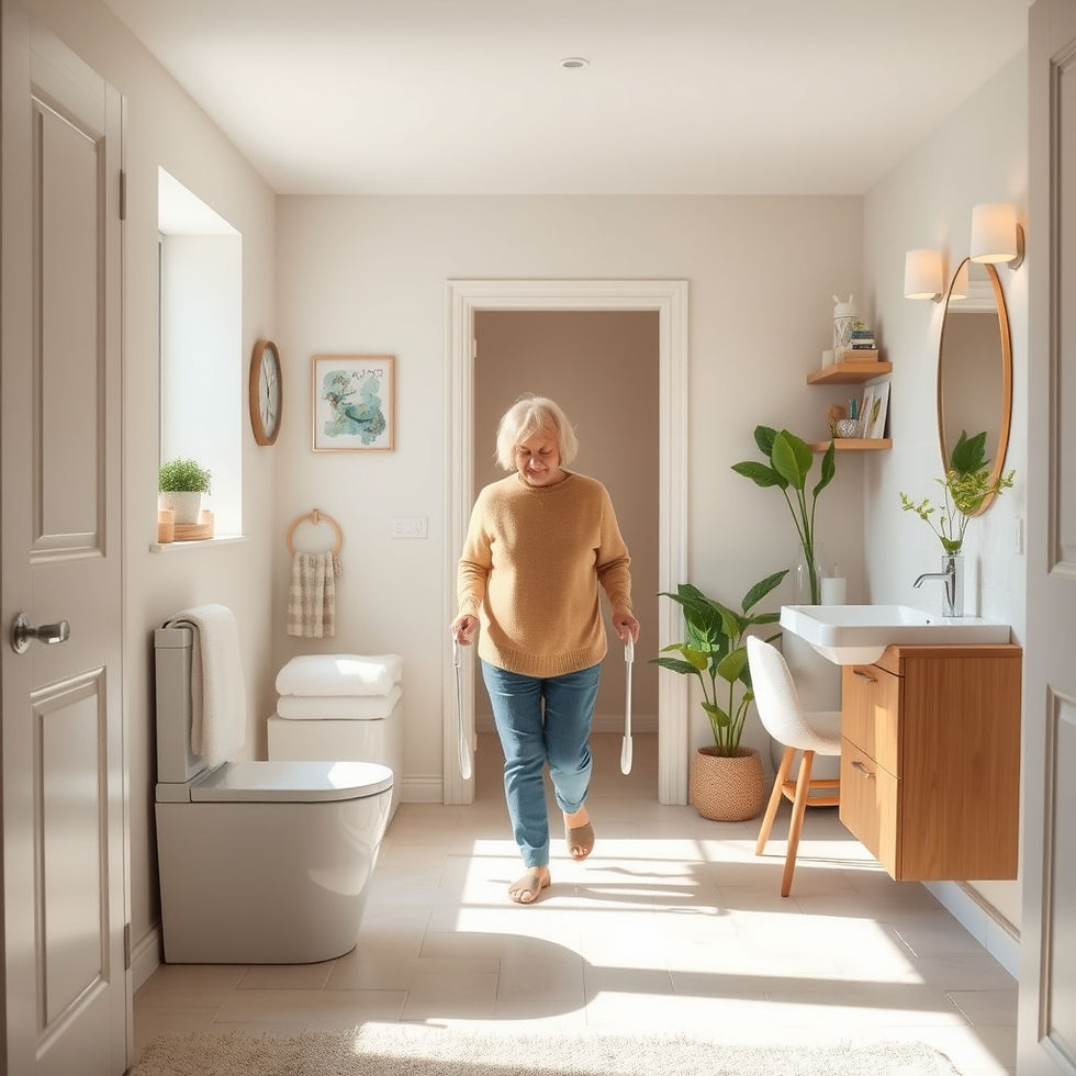 Personne âgée se déplaçant en toute sécurité dans une salle de bain lumineuse et adaptée, avec barres d’appui, mobilier accessible et ambiance chaleureuse favorisant l’autonomie à domicile.