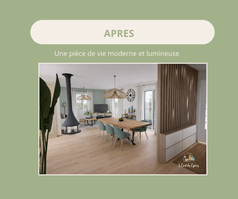Pièce de vie après rénovation avec aménagement moderne et lumineux, claustra bois, salle à manger conviviale et décoration intérieure contemporaine.