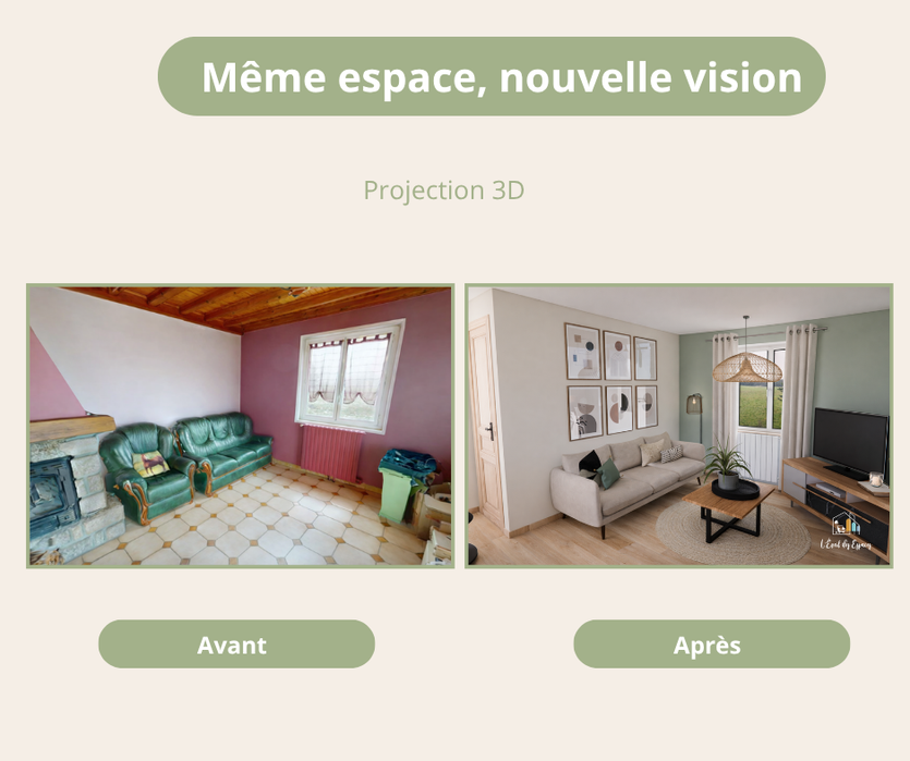 Avant / après d’un salon avec projection 3D montrant la transformation d’un espace ancien en séjour moderne, lumineux et décoré avec style contemporain.