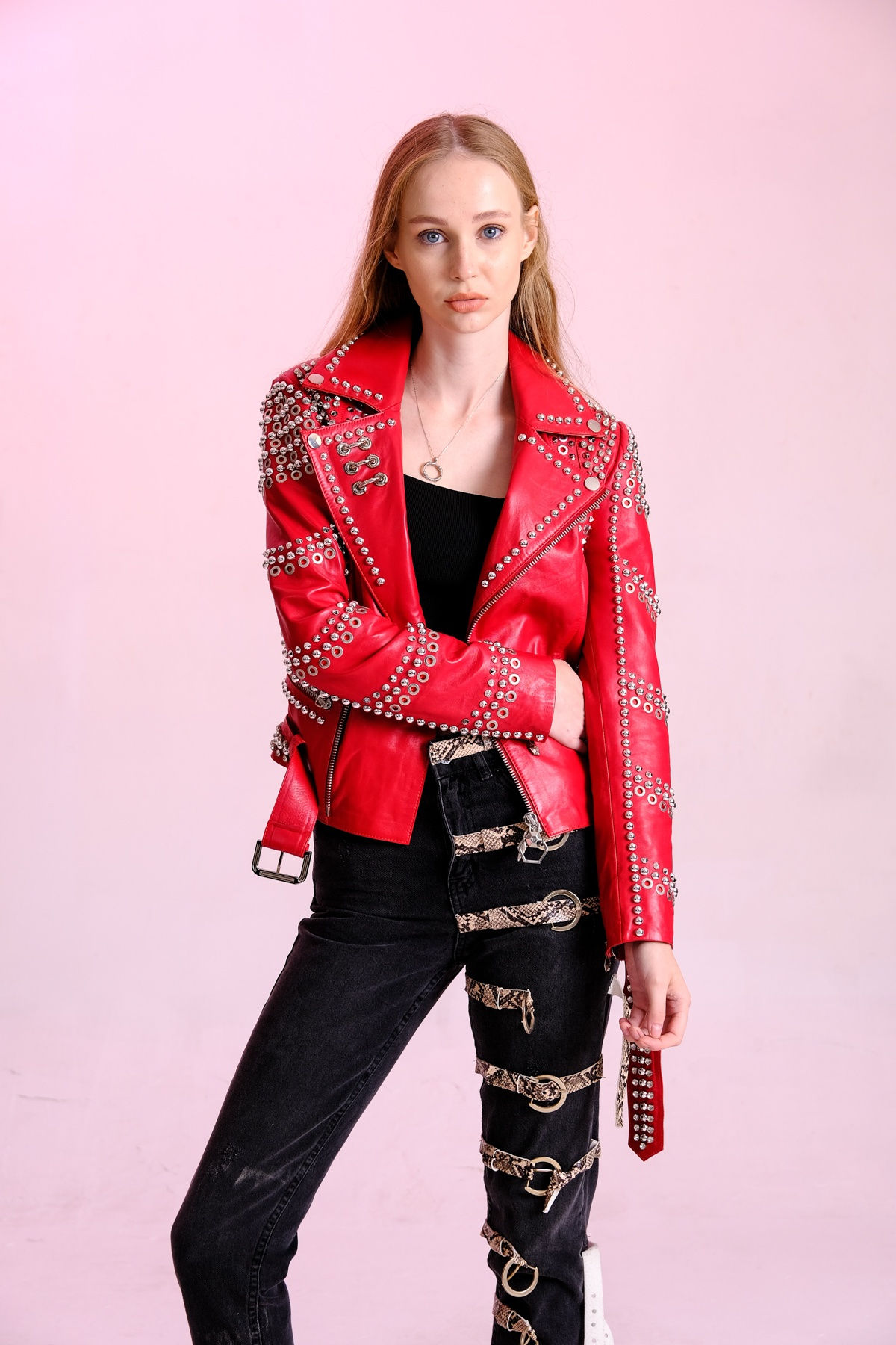 Stony Taşlı Kırmızı Kadın Deri Ceket
