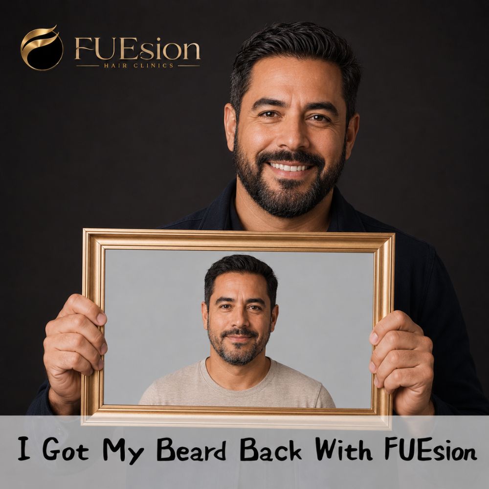 Beard transplant patient result — full beard coverage, FUEsion Hair Clinics